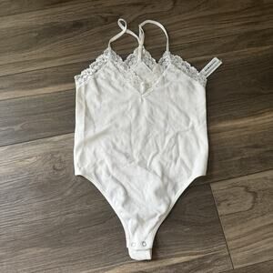 Forever 21 White Ribbed Lace-Trim Bodysuit - Size S